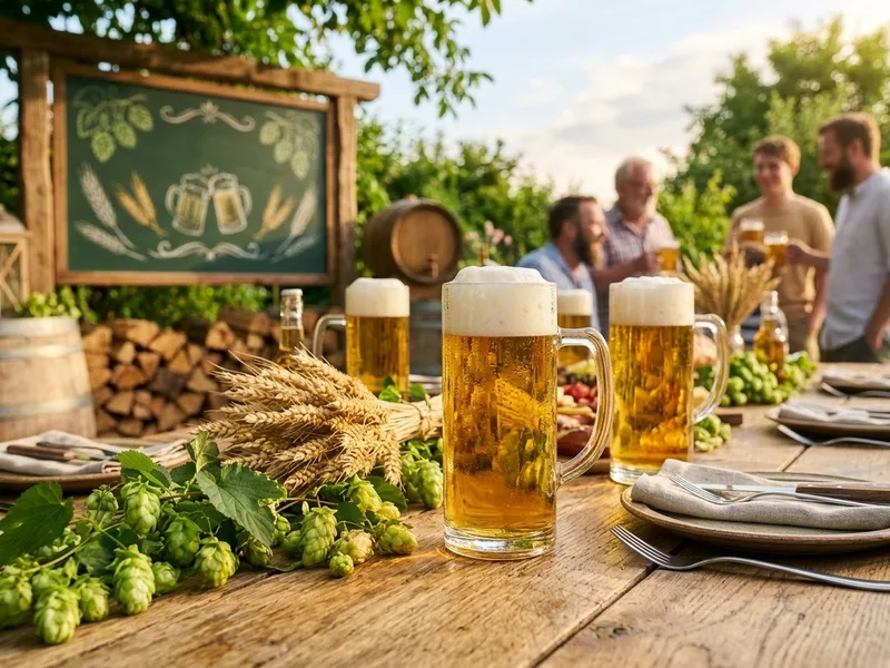 Goldene Bierkrüge mit Schaum auf rustikalem Holztisch, dekoriert mit frischem Hopfen