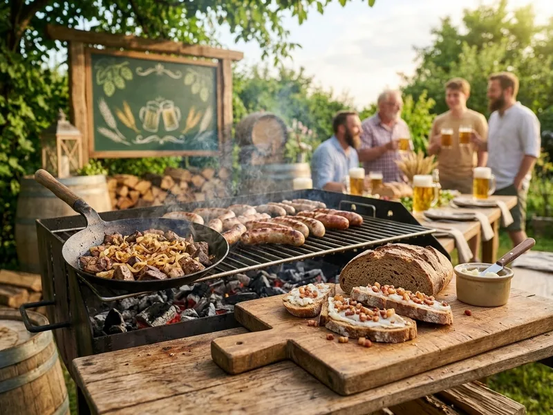 Bratwürste und Bouletten auf dem Grill, Leberpfanne mit Zwiebeln