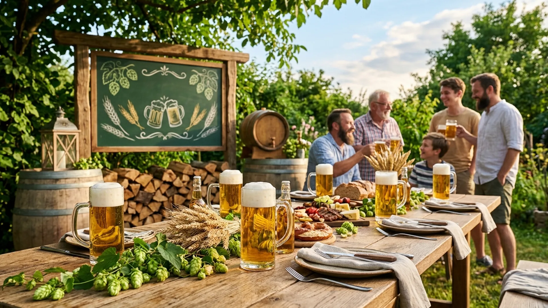 Herrentag in Colbitz – rustikaler Holztisch im Freien mit Bierkrügen und Hopfen beim Vatertag am Feuerwehrgerätehaus