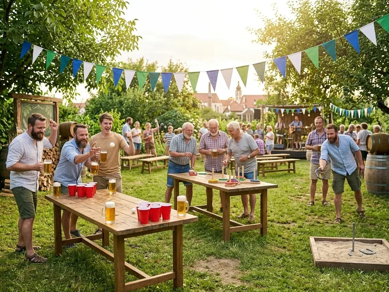 Männer spielen Outdoor-Spiele auf einer grünen Wiese bei sommerlichem Wetter